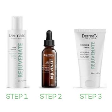 DermaTx Rejuvenate Lactic Cleanser + AOX Serum +  Antioxidant Moisturise